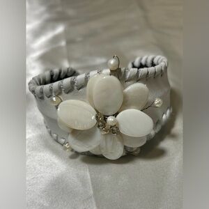 Vintage Mother Of Pearl + Fresh Water Pearl White Leather Cuff Bracelet
